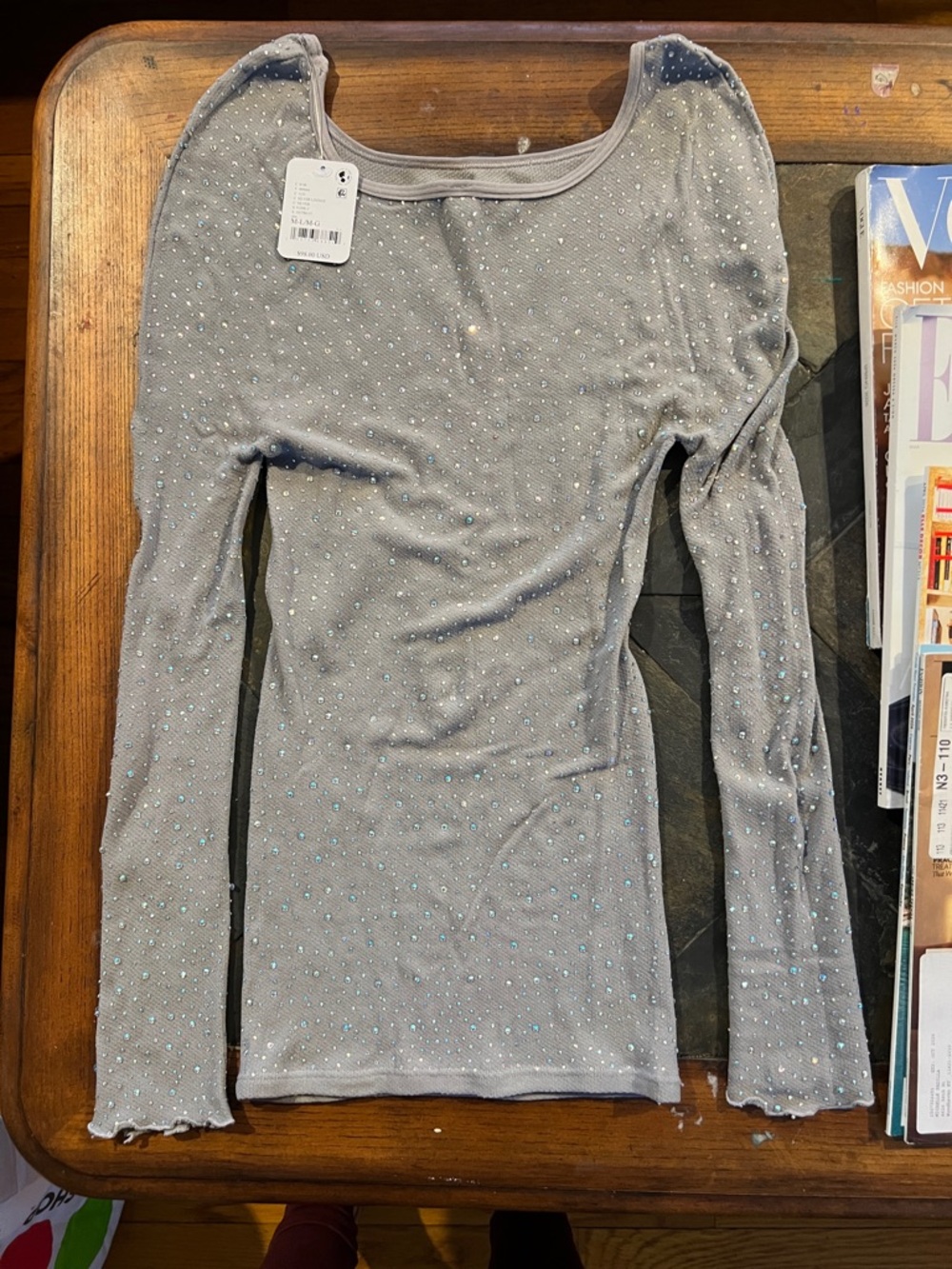 Free People Silver-Gray Rhinestone Long Sleeve Top